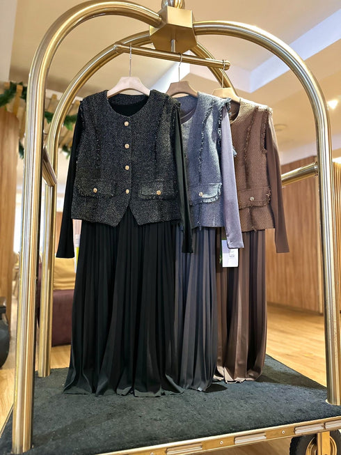 Ladies Fashionable Tweed Half Sleeves Jacket with Long SleeveS Pleated Dress